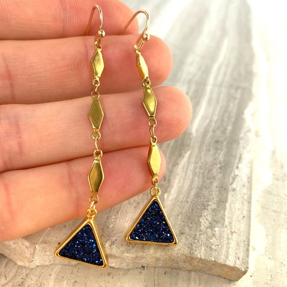 Blue Druzy triangle Long Diamond Chain Earrings ~ NWT - Picture 4 of 5